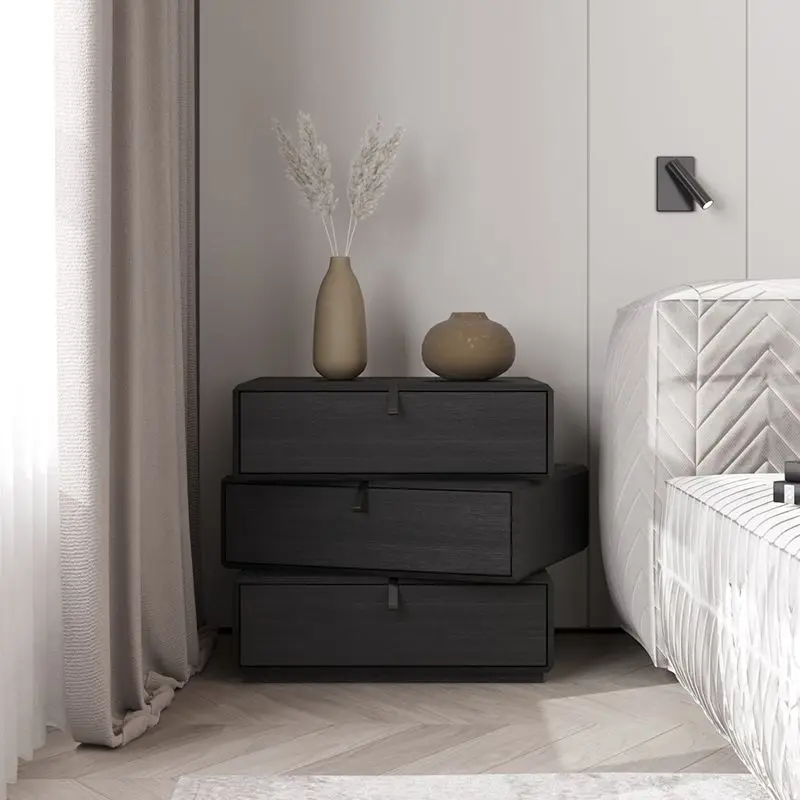 

Bedside Italian Bucket Bedside Table Modern Light Luxury Bedroom Cabinet Minimalist Rotating Black Oak Grain Three Cabinet