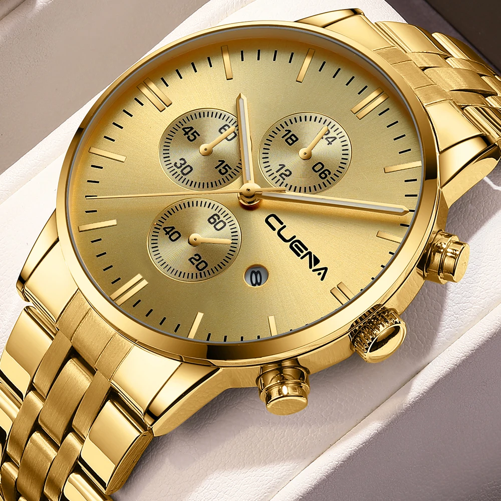 

CUENA Watch for Men Fashion Business Gold Stainless Steel Wristwatches Quartz Waterproof Movement Date Clock Birthday Gift