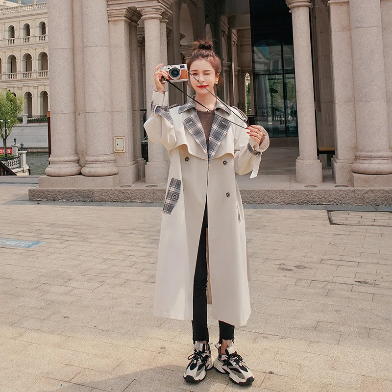 

SuperAen Contrast Windbreaker Spring and Autumn Single Breasted Office Lady Casual Long Trench Coat
