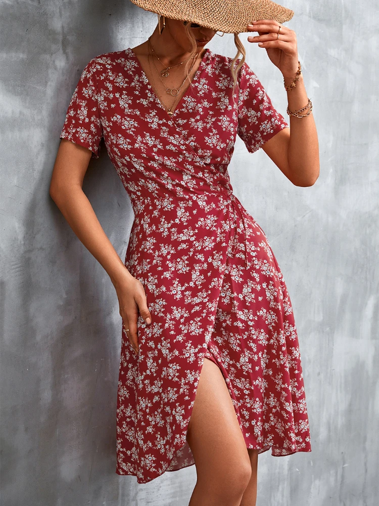 

YZWSAN Slit Flowy Sashes Chic Beach Midi Dress Floral Printed Women Summer Wrap V Neck Short Sleeve A-Line Bohemian Dresses