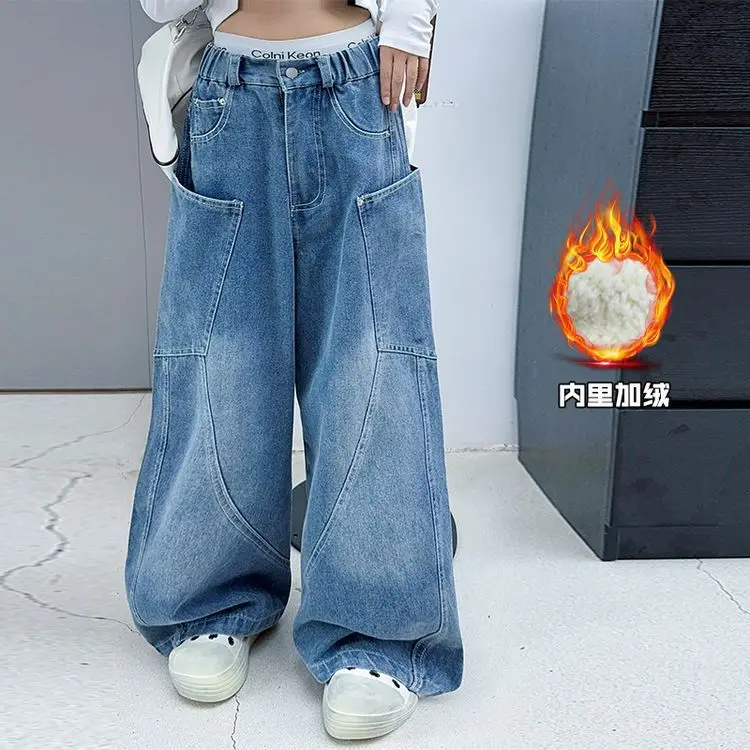 Флисовые джинсы для девочек 2024 осенне-зимние теплые толстые свободные прямые