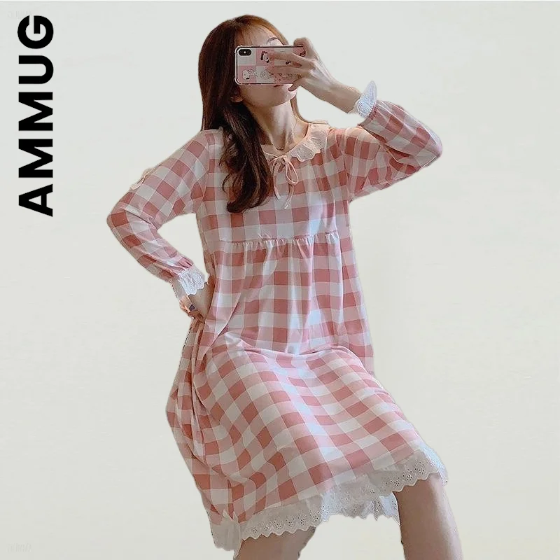 

Ammug модная женская пижама с длинным рукавом кружевная ночная рубашка с бантом для женщин клетчатая свободная хлопковая ночная рубашка одеж...