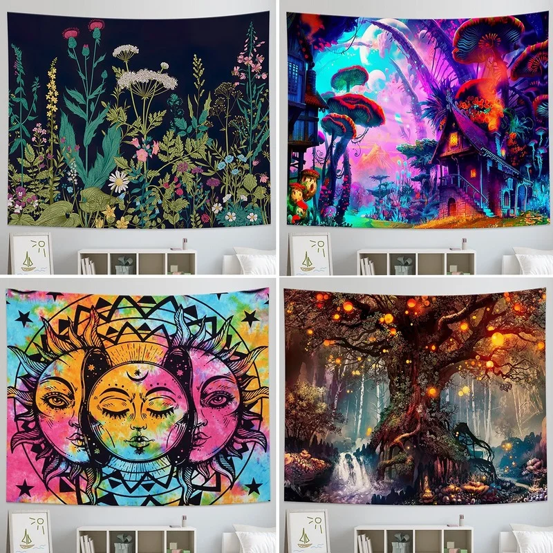 

Sun Moon Tapestry Wall Hanging Botanical Celestial Floral Wall Tapestry Hippie Flower Wall Carpets Dorm Decor Starry SkyCarpet