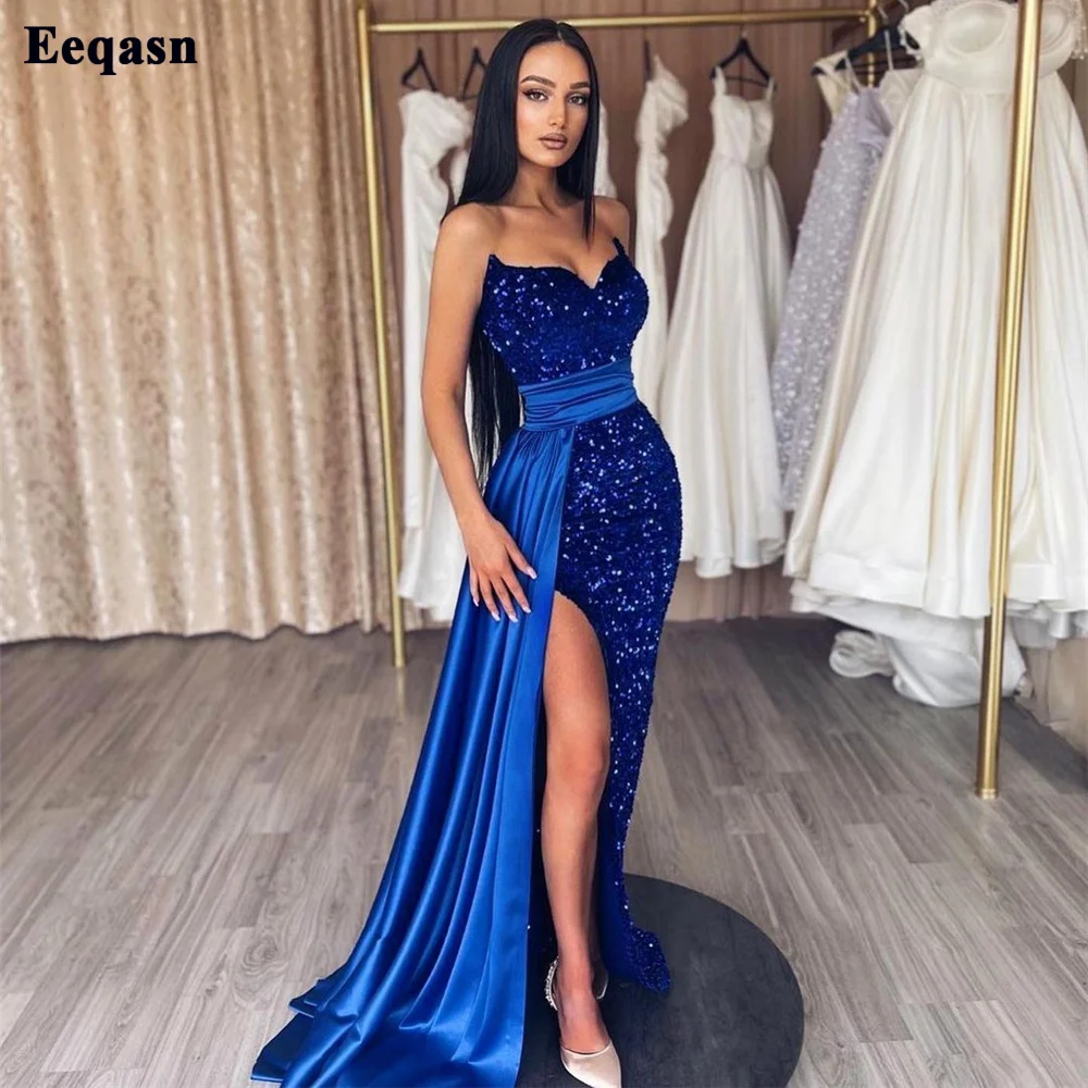 

Eeqasn Mermaid Royal Blue Sequines Evening Gowns Satin Slit Women Event Formal Long Prom Party Dresses Arabic Celebrity Dress