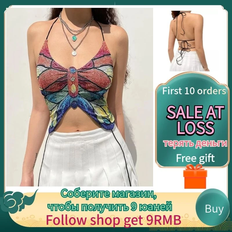 

Crop Top Women 2022 Summer Sexy Tank Tops Exotic Camisoles Printed Backless Halter Neck Corset Tanks bandeau Tube Vest outfits