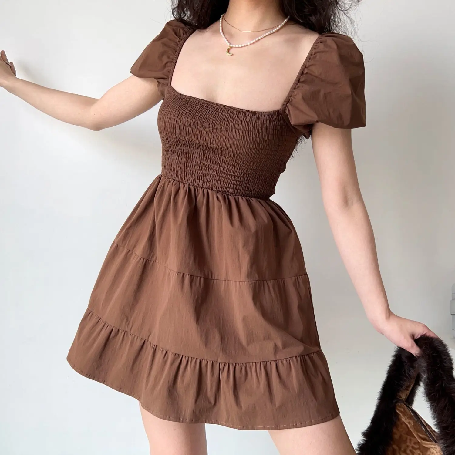 

Fairy Waist Thin Robe Femme 2022 Summer New Women Vestidos Square Neck Puff Short Sleeve Elastic Waist Ruffle Dress