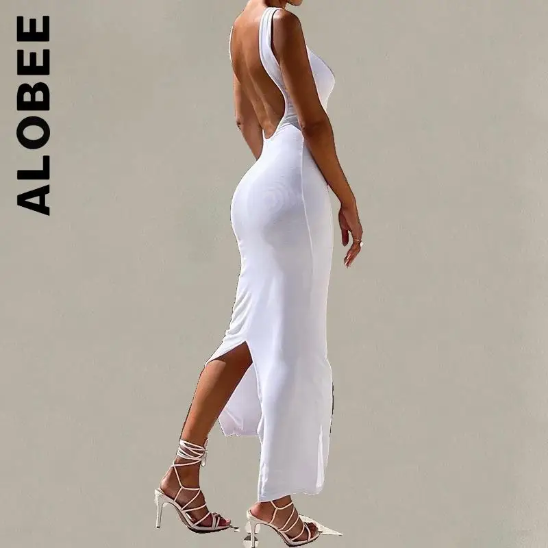 

Alobee Dress Women Hollow Out Sleeveless Split Bodycon Party DressVintage Sweet Dress Korean Elastic Female Woman Clothes