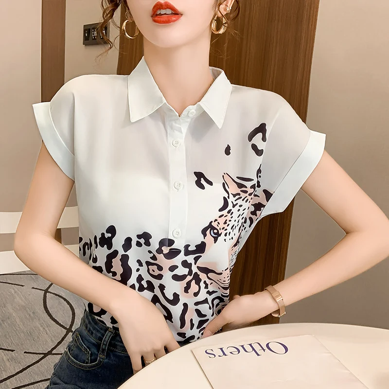 

Summer Women's Blouse Bat Short Sleeve Top Korean Fashion Casual Viscose Printing Loose Polo Shirt Movafag