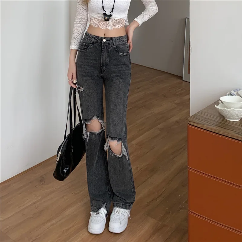 Straight Tube Wide Leg Pants with Holes in Jeans Women's Summer Thin 2023 New Loose High-waisted Hot Girls' Trousers