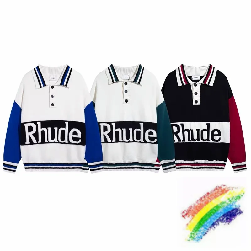

Jacquard Rhude Knitted Sweater Men Women Streetwear Patchwork Sweatshirts