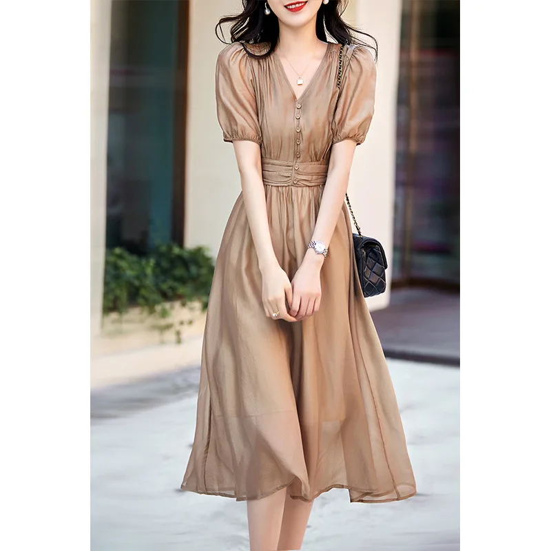 

Pearlescent Tencel Dress with Bubble Sleeves 2023 Summer New Women's V-neck Long Mesh Dress Long Dresses for Women