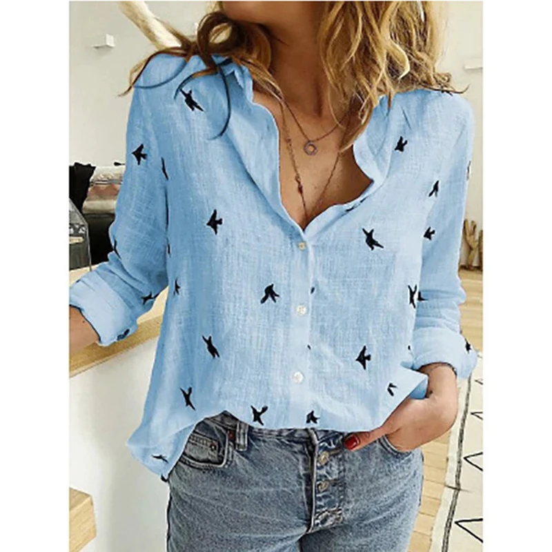 2022 Summer New Cotton Linen Shirt Retro Butterfly Print Laps OL Long Sleeve Shirt Women's Casual White Loose Button Top enlarge