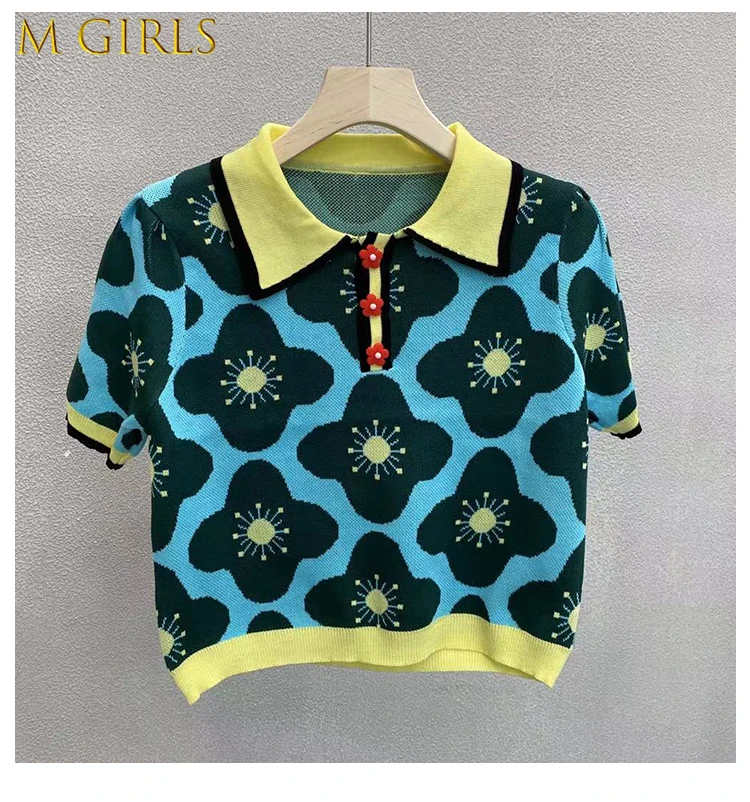 

M GIRLSSummer New Thin Female Sweater Sweet Flower Jacquard Short Sleeve Loose Lapel Short Women's Knitwear Chic Flower Button