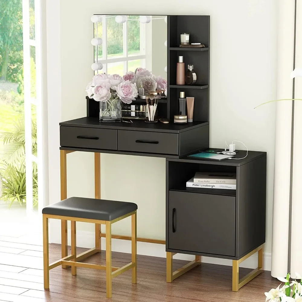 Туалетный столик для макияжа с зеркалом подсветкой и зарядной станцией черный