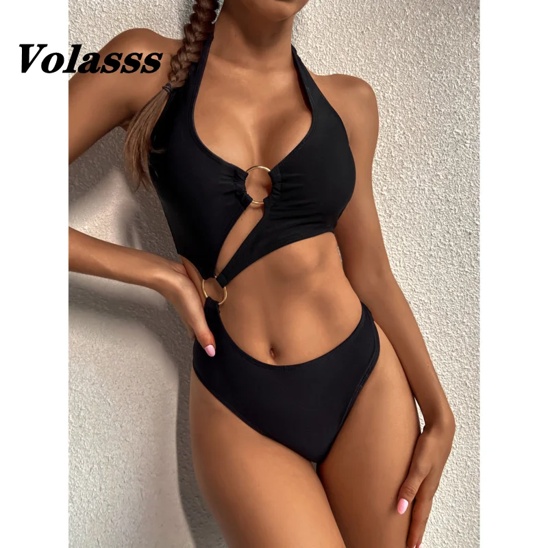 

New Bandage Swimsuit Sexy Hollow Out Bikini Set Lace Up Ring Swimwear Women 2022 Solid Color High Waist Bathing Suit Female Swim