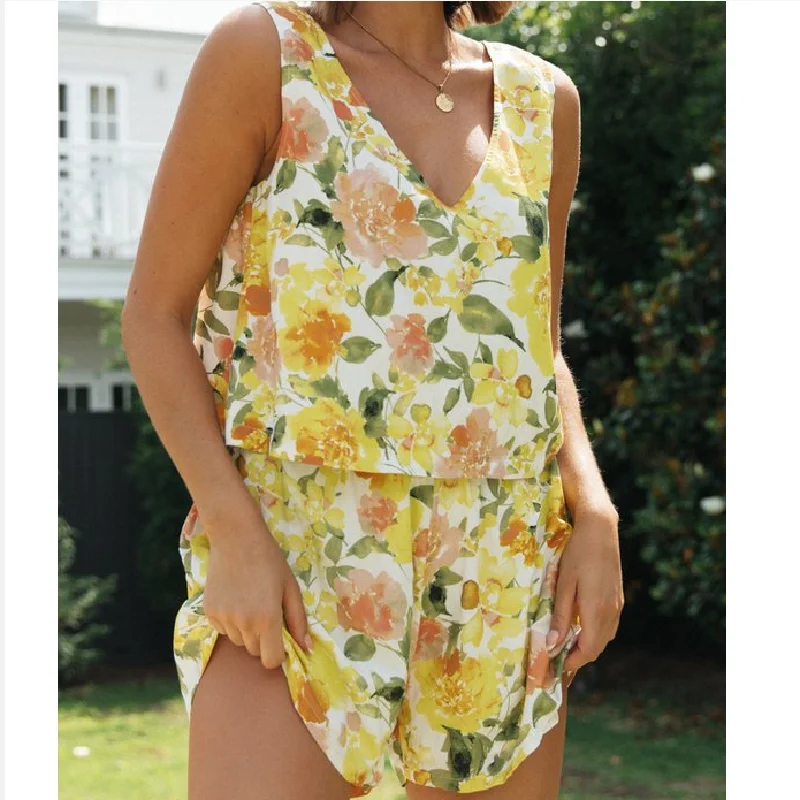 Sleeveless Floral Print Boho Summer Romper Playsuit Women V Neck Overalls Top Shorts Two Pieces Beach Holiday Romper