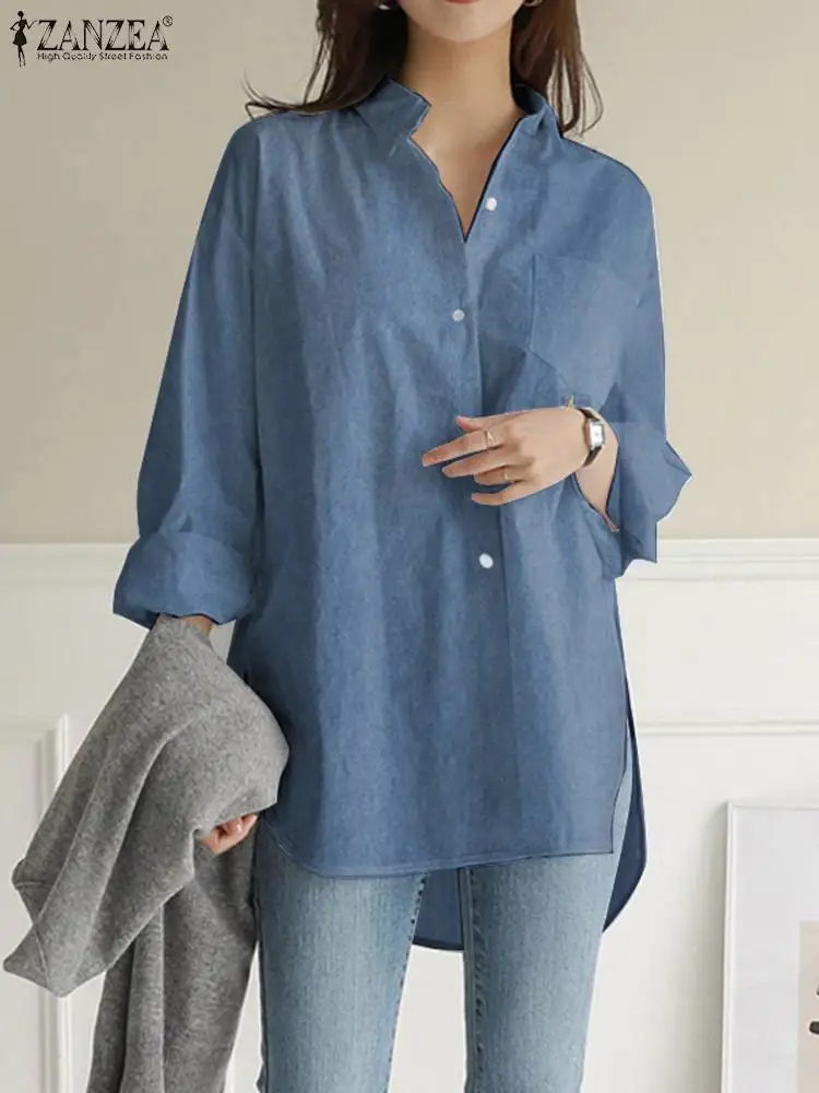 

2022 Spring Solid Baggy Shirts Women Casual Denim Blue Tops ZANZEA Retro Long Sleeve Camisas Holiday Irregular Hem Blouse Blusas
