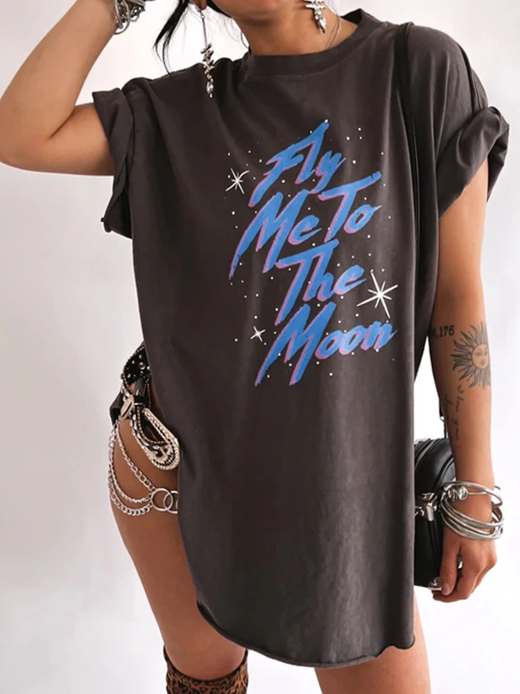 

Fly Me To The Moon Print Side Slit Tee Shirt Women Short Sleeve Summer Graphic T Shirt Vintage Loose Woman Tshirts Tops Clothes