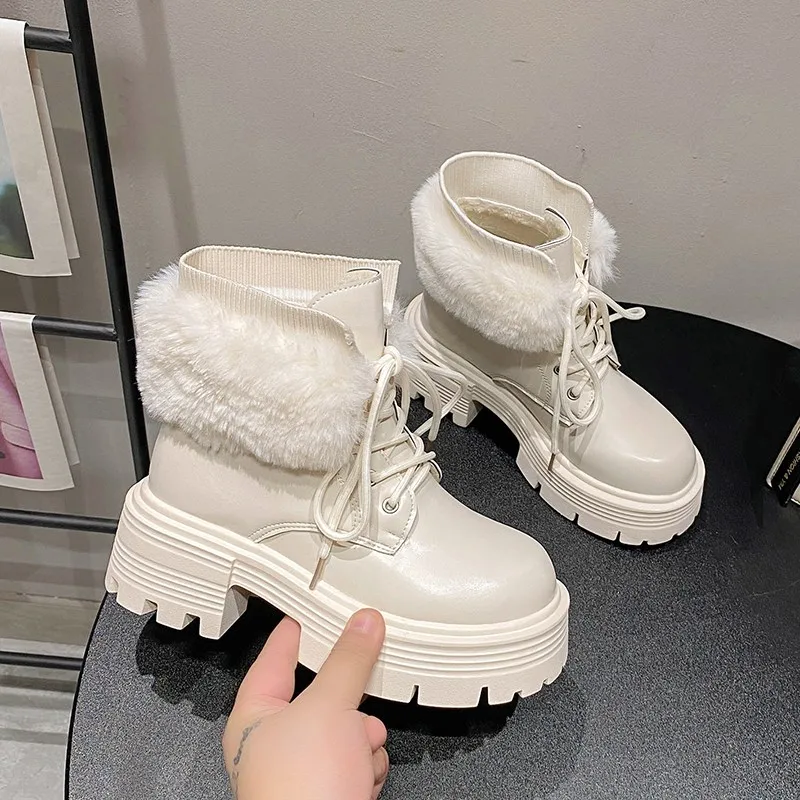 Wool Winter Keep Warm Snow Boots Full Grain Leather Round Toe High Heels Sheep Fur Lace Up Plus Size Ankle Boots Botas Mujer