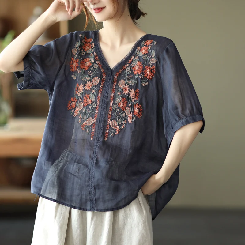 

Stylish Women Shirts 2022 Summer Cotton Linen Oversized Blouses Short Sleeve Blusas Casual Loose Camisas Flower Tunic Tops