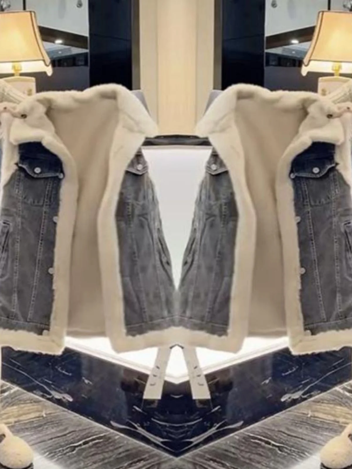 Лоскутный джинсовый жилет из овечьей шерсти с лацканами женский осенне-зимний