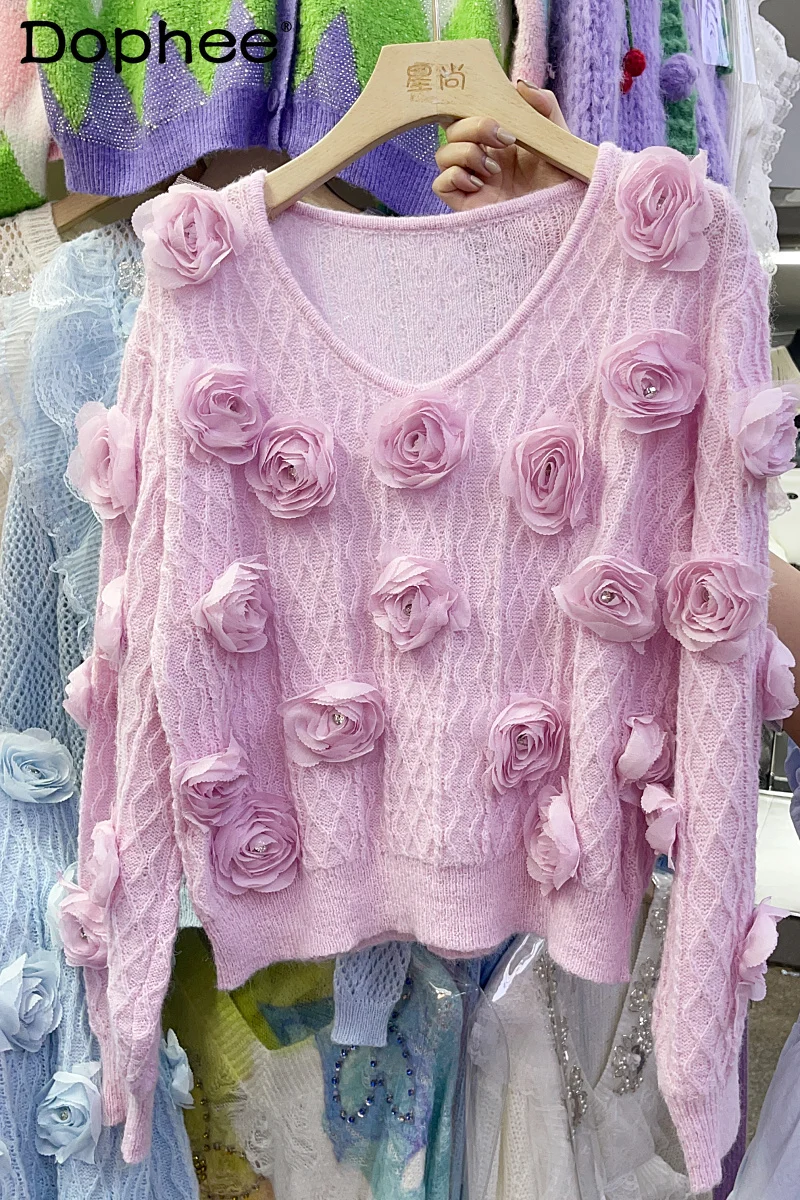 

Женский свитер с V-образным вырезом, трехмерный Свободный пуловер в Корейском стиле, украшенный бусинами, осень 2023