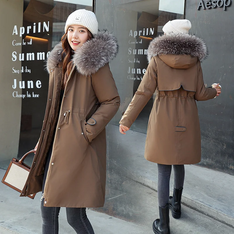 Pai Conquer 2022 Winter New Korean Version Loose Large Wool Collar Women's Hooded Cotton Coat Large Size