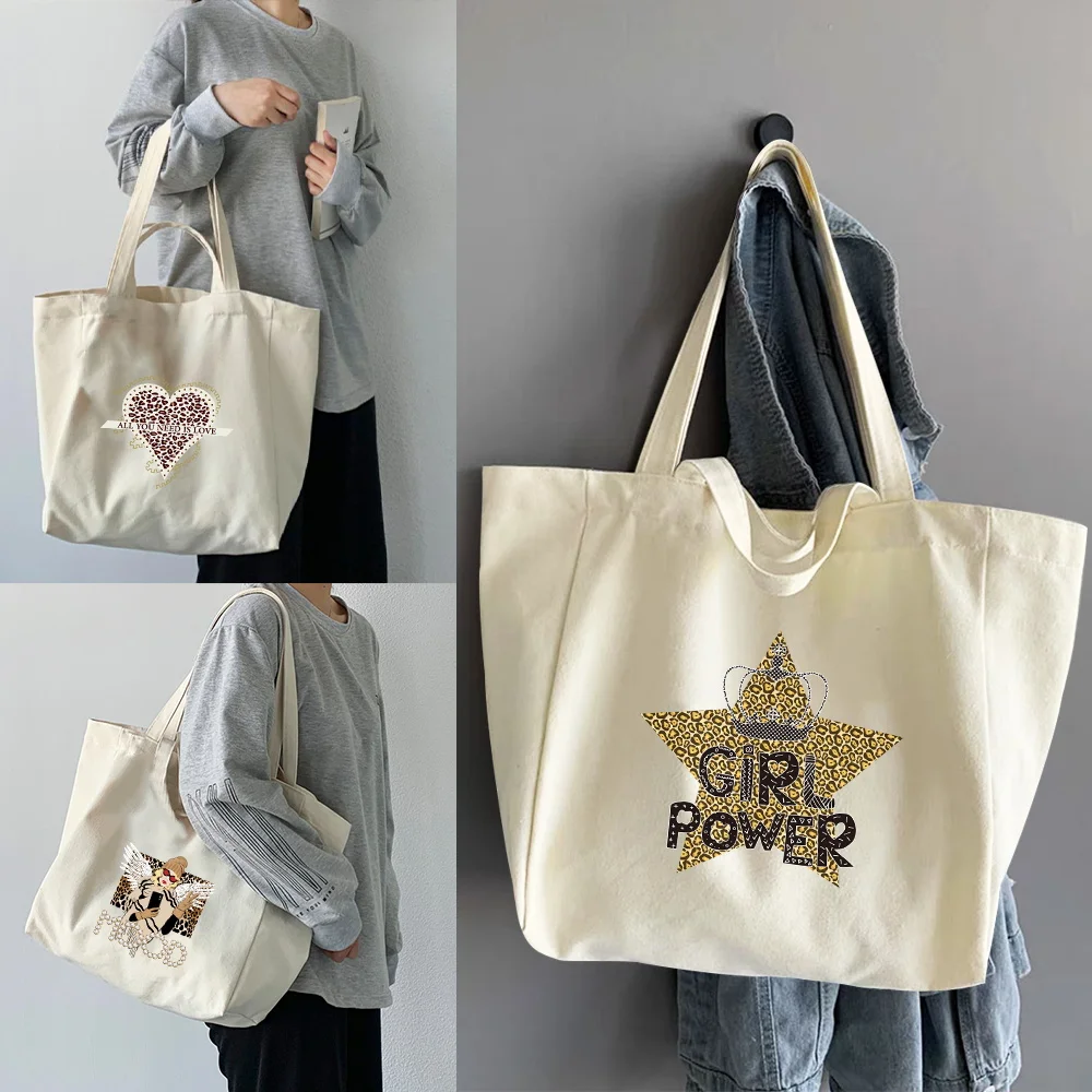 

Foldable Reusable Women Shopping Bags Casual Student Canvas Tote Bags Shopper Bags 2022 Leopard Pattern Print Shoulder Bag