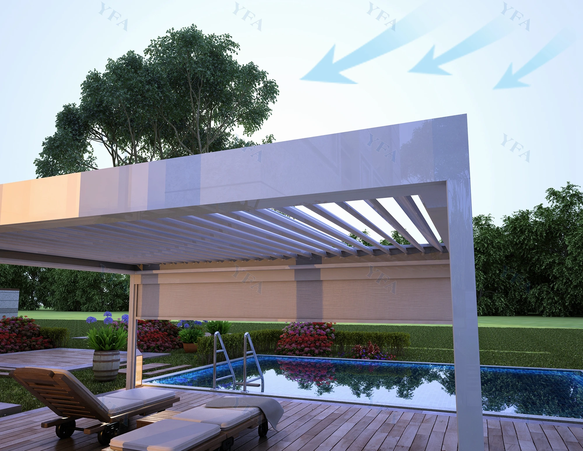 

Outdoor waterproof PVC Fabric Retractable Roof Awning Pergola Bioclimatic aluminum frame sunshade