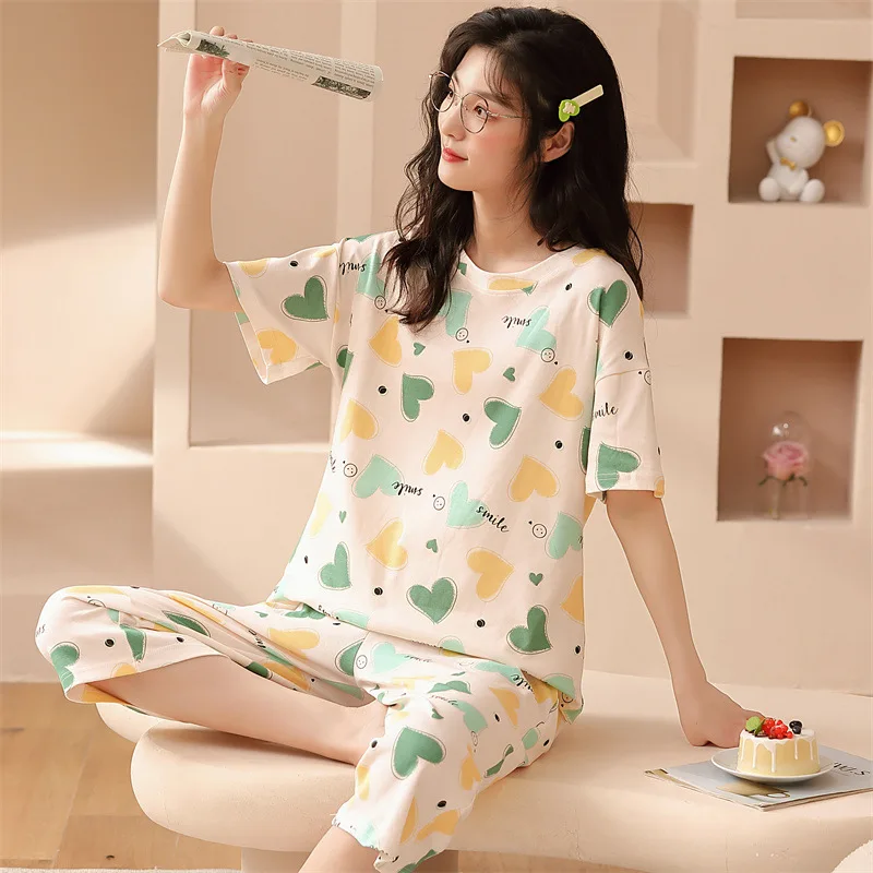 2023 new summer pajamas women's summer cotton short-sleeved cropped pants net red style cute cartoon home service suit