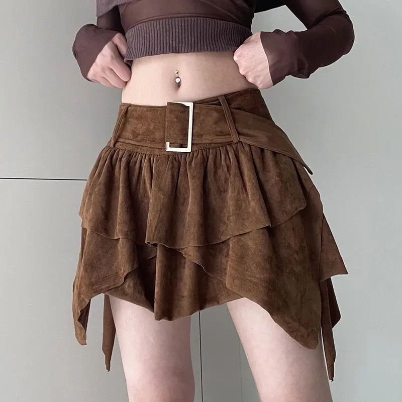 

Sexy Mini Skirts Short Gypsy Irregular Ruffle Hem Women 2023 Rave Outfits Gothic Lolita 90s Vintage Gyaru Clothes Boho Brown