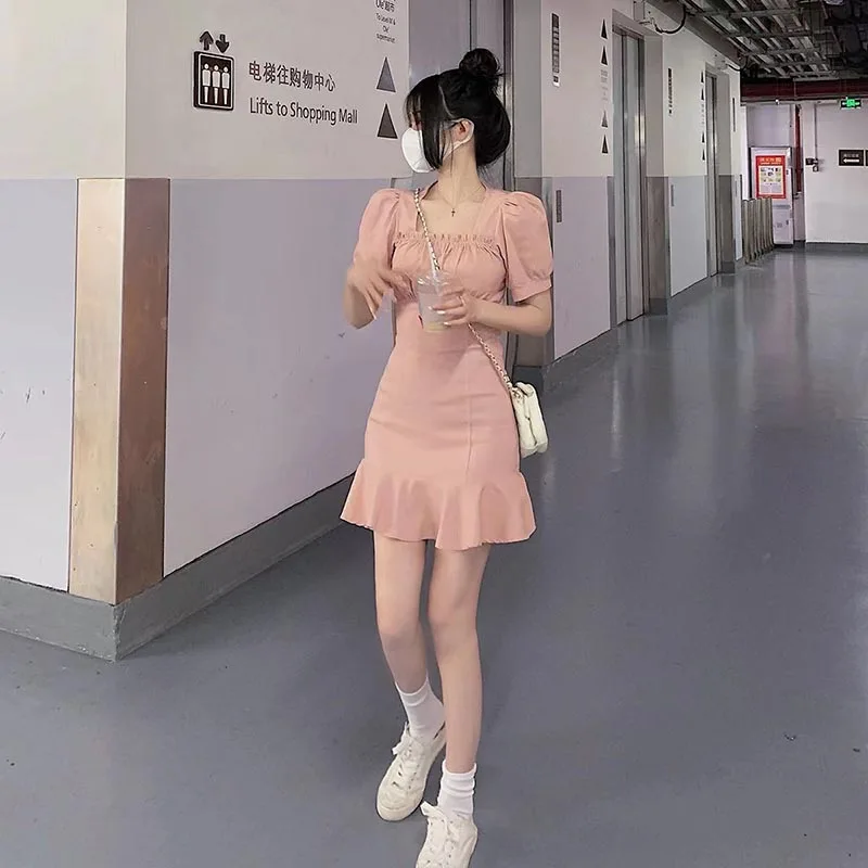 

Женское летнее платье Sen System First Love, милое розовое платье с рисунком в виде надписи, тонкое сказочное платье с пузырьковым рукавом