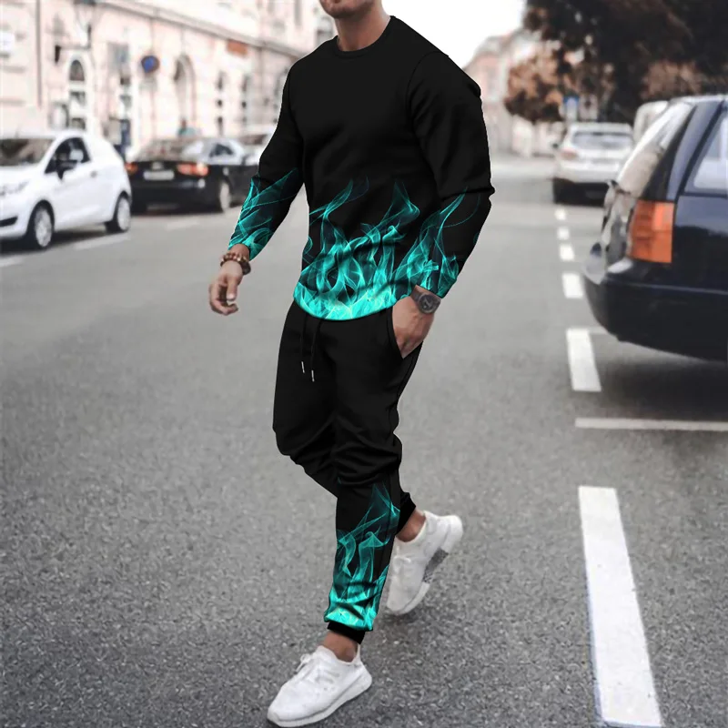 

2022 New Summer Men's Long Sleeves + Trousers Two-piece Sports 3D Flame Print Suit Casual Jogging Trousers Suit High Quality