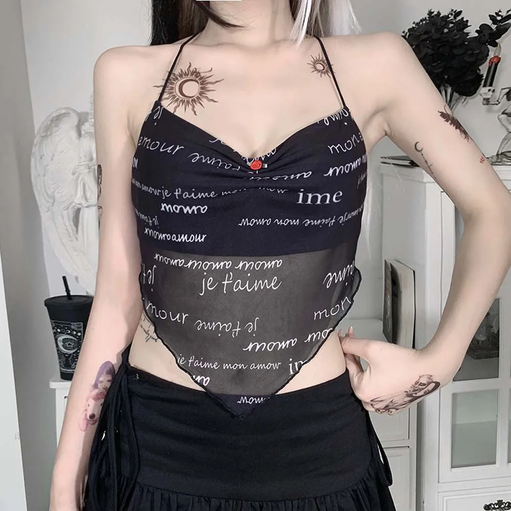 

Майка женская в готическом стиле, Модный пикантный Топ в стиле ретро, с глубоким вырезом, сетчатая сетка на бретельках, с надписью, Y2K, лето