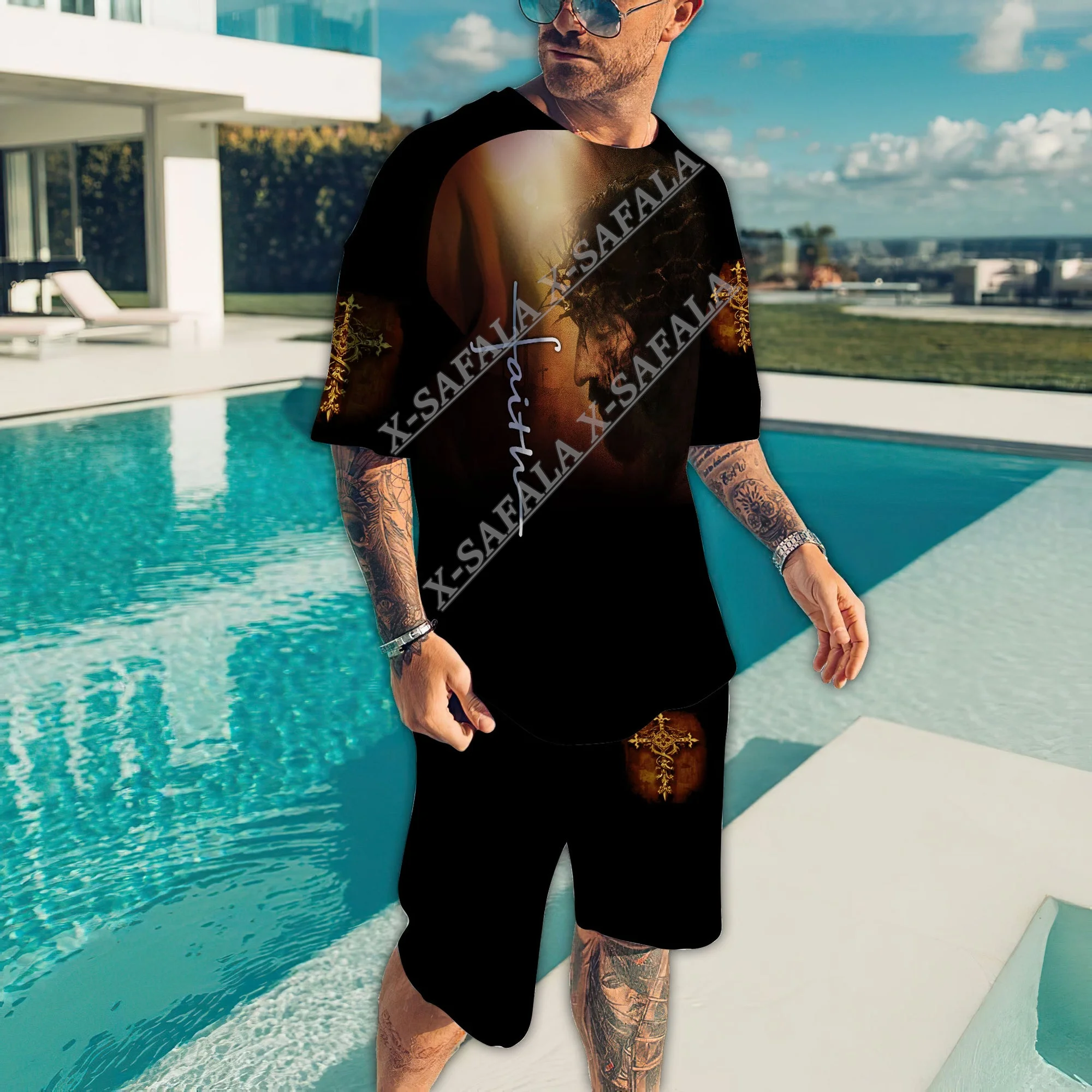 Мужская футболка с принтом Иисуса крест Бог Вера молитвенный Христос короткий