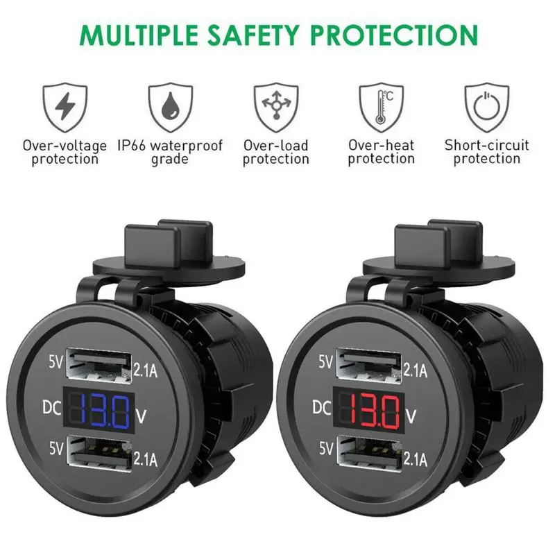 

5V DC 2.1A Voltage Display Voltmeter Waterproof Dual Ports USB Charger Socket Adapter Power for 12-24V Car Boat Motorcycle