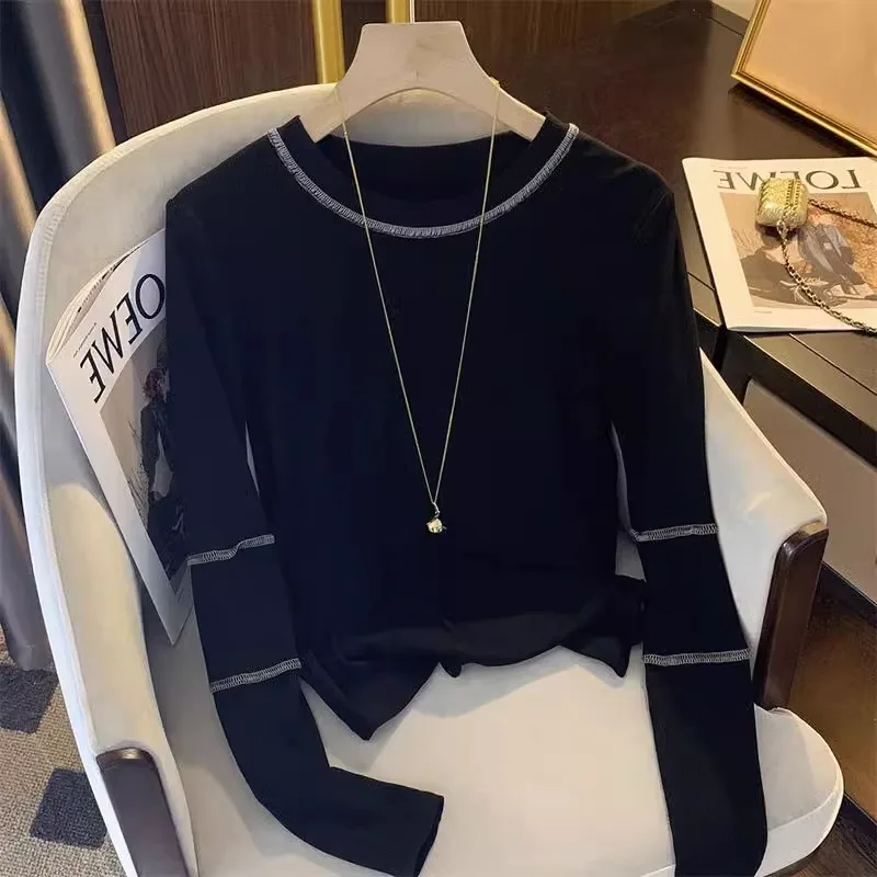 Гонконг Sle Chic рубашка с круглым вырезом и длинными рукавами женская осенняя