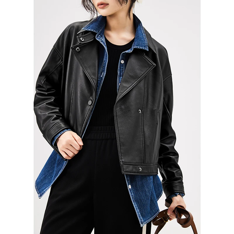 New Real Leather Jacket Women  Sheepskin  High Street Covered Button Vintage Spring/Autumn 2022 Genuine Leather Coat for Women