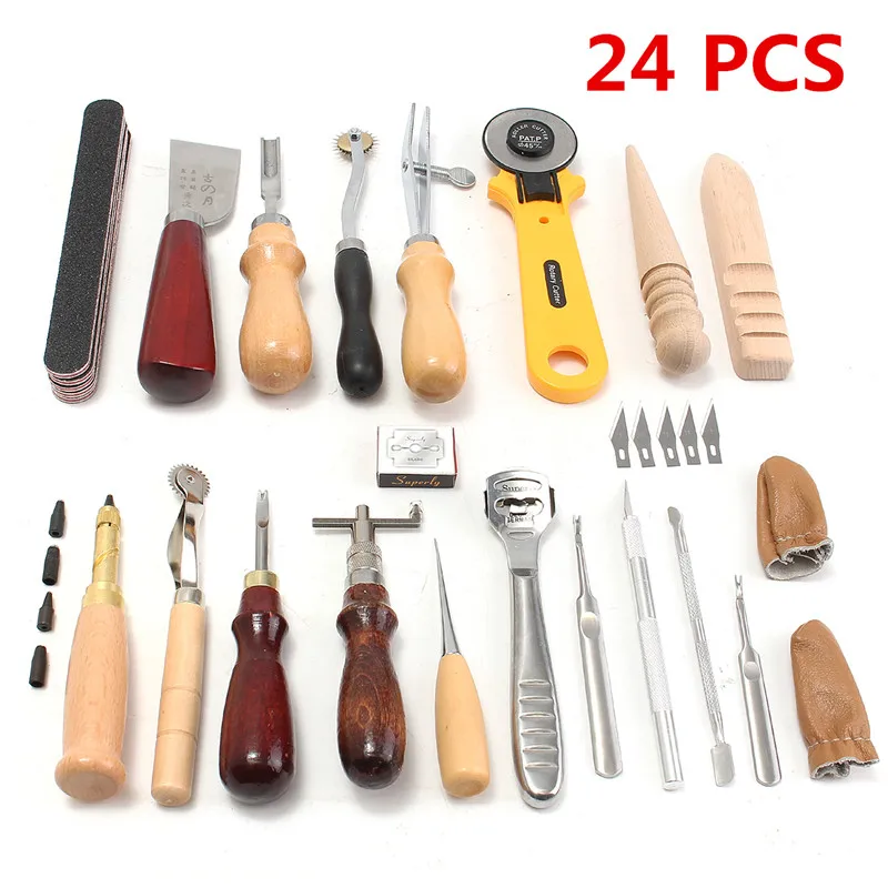 

24Pcs Leathercraft Tool Set Kits Hand Leather Punching Carving Saddle Groover Tools Storage DIY Hand Stitching Craft Tool Set