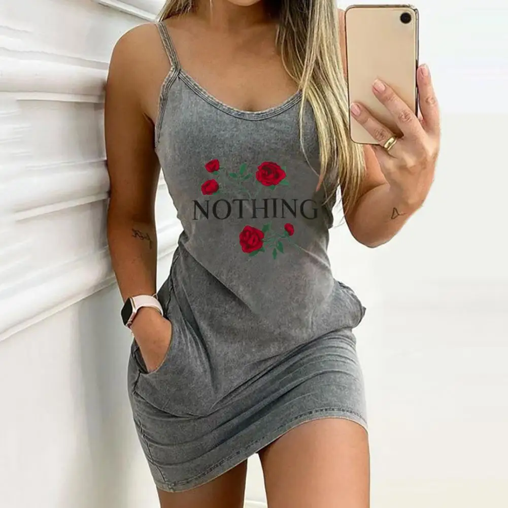 

Backless Mini Dress for Daily Wear Bodycon Streetwear Sexy Sling O-neck High Heel Print Pocket for Daily Wear