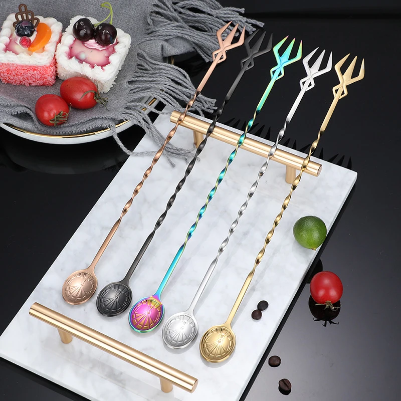 

Длинная спиральная вилка-ложка для смешивания коктейлей, вилка из нержавеющей стали, виски, буровая Штанга Для бармена