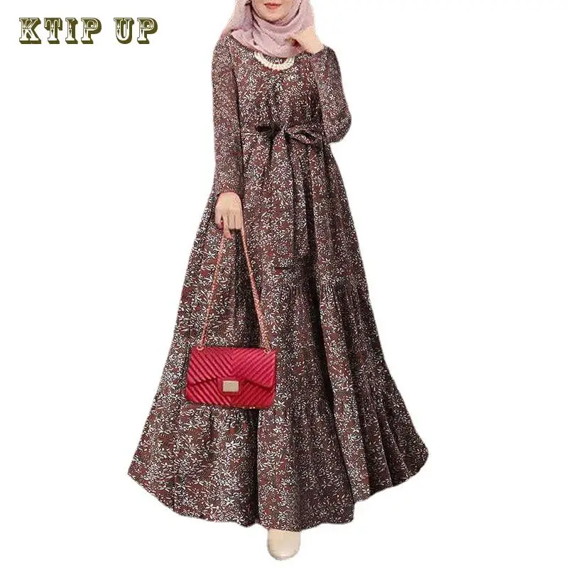 

Elegant Muslim Printed Dress Women Floral Sundress Puff Sleeve Maxi Vestidos Female Marocain Turkish Robe Femme Abaya Dubai
