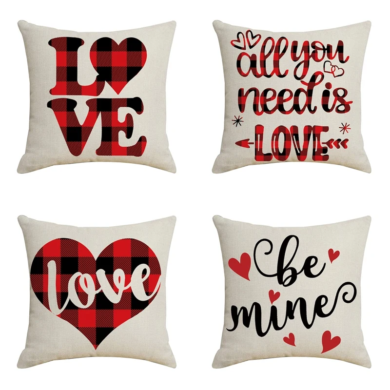 

4Pcs Valentines Day Pillowcase Linen Love Red Heart Cushion Cover Decor Party Home Pillowcases For Sofa Car Gift 45X45cm