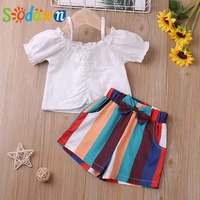 sodawn 2022 summer children suit new fashion puff sleeve topstriped shorts 2pcs kid clothes girl set