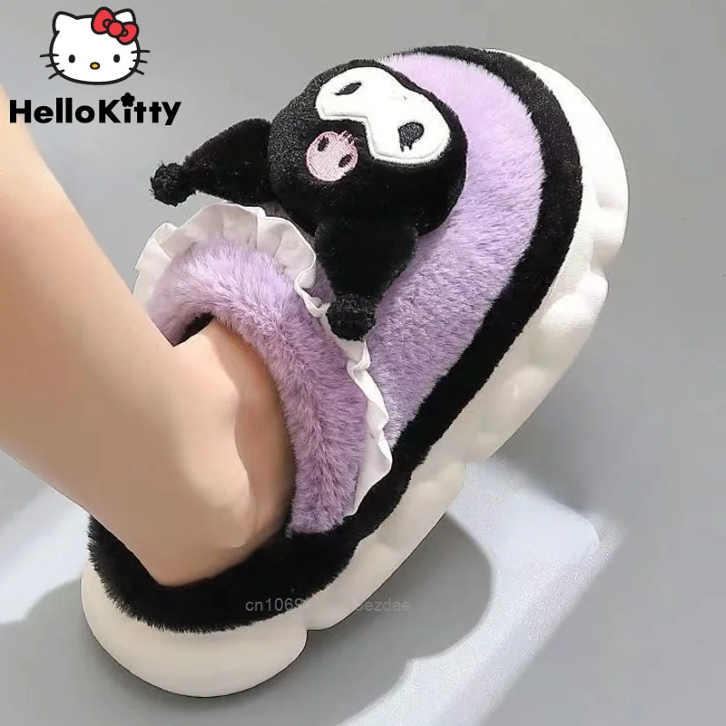 

New Sanrio Kuromi Fashion Plush Slipper Women Warm Home Winter Thicked Shoes Girl Hello Kitty Cotton Indoor Full Coverage Shoes