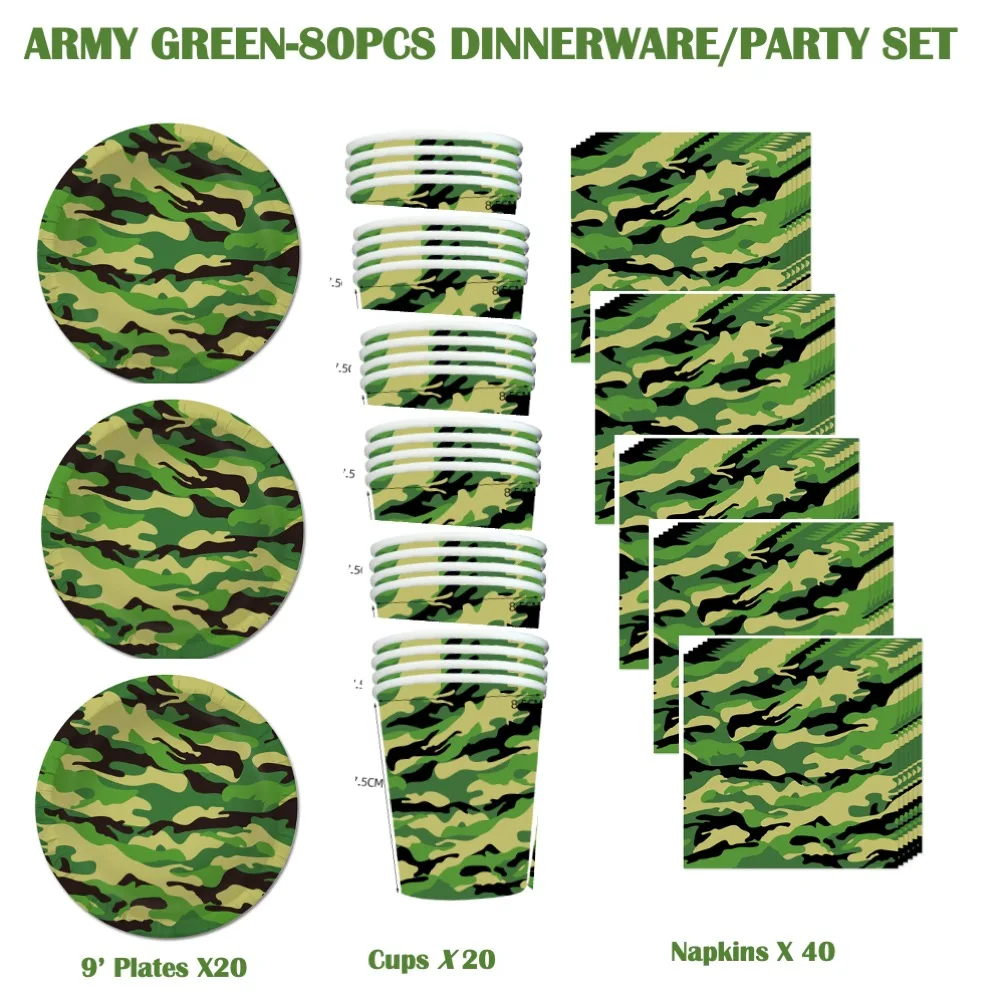 

Army Green Napkins Plates Cup Set 80pcs For Anniversary Wedding House Warming Anniversary Children School Collage Events Parties