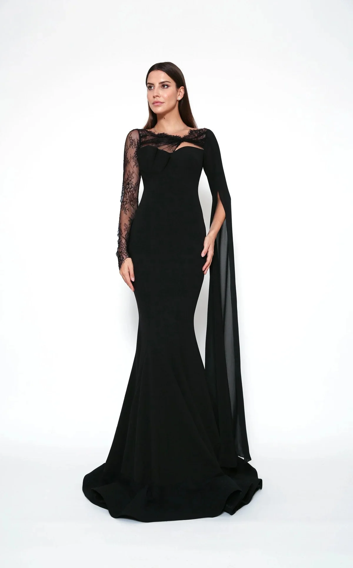 

Tight Fishtail Evening Party Dresses Satin Solid Black Lace Chiffon Gowns Sweep Train Formal Prom 2023 Robes De Soirée فساتين ال