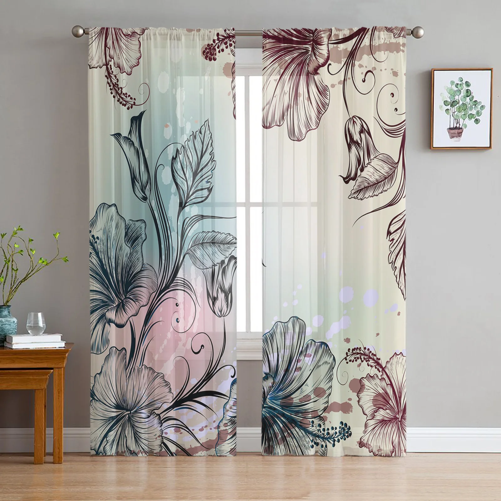 

Flowers Hibiscus Retro Style Window Tulle Sheer Curtains for Living Room Decoration Drapes Bedroom Kitchen Voile Window Curtain