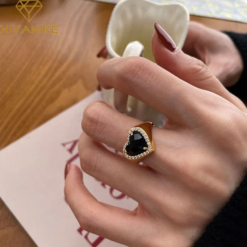 

XIYANIKE 2022 New Vintage Balck Heart Open Cuff Finger Rings For Women Girls Fashion Trendy Jewelry Gift Party кольцо женское