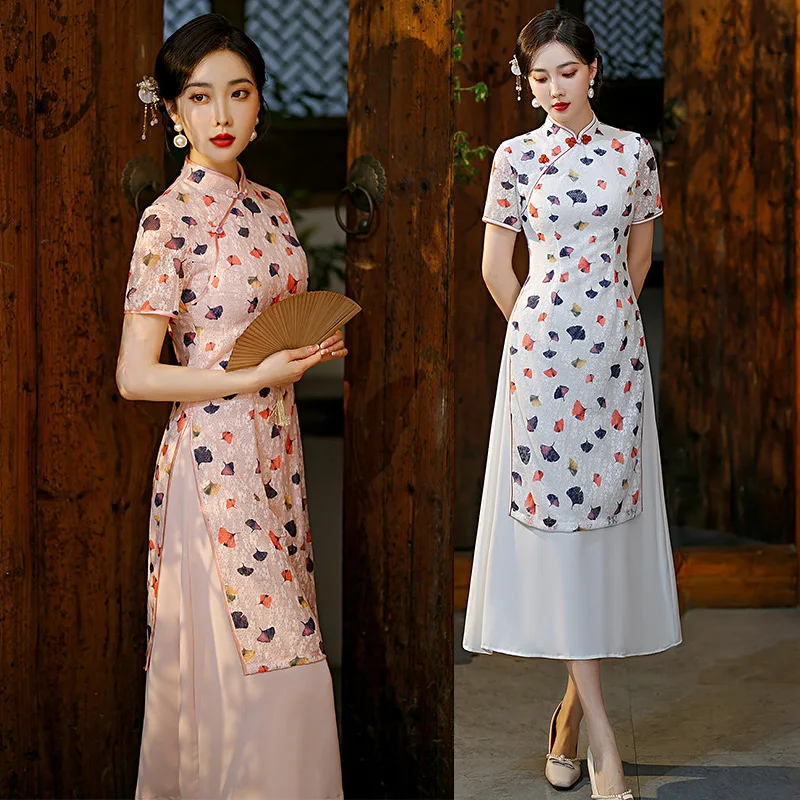 

Summer Chinese Traditional Mandarin Collar Women A-Line Lace Qipao Elegant Short Sleeve Handmade Button Chiffon Aodai Cheongsam